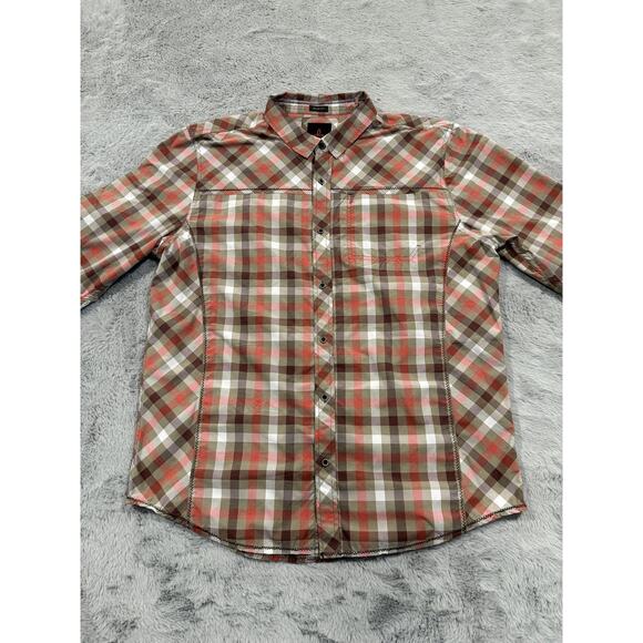 Prana Shirt Mens XL Red Brown White Plaid Slim Fit Polyester Button Up Outdoor - Picture 2 of 13
